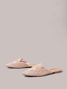 女士平底套脚鞋，编织面料休闲乐福鞋，平底穆勒鞋，适合春季、度假、复活节、波西米亚风、音乐节、派对、复古美式风格，旅行必备 - 粉色 - 查看 2