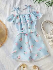 Young Girls Romper, Blue Striped Floral Print, Delicate Ruffle Design, Elastic Waist With Belt, Shorts - Multicolor - View 2