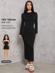 SHEIN PETITE Đầm dài tay màu đen xếp ly eo trơn - màu đen - Xem 9