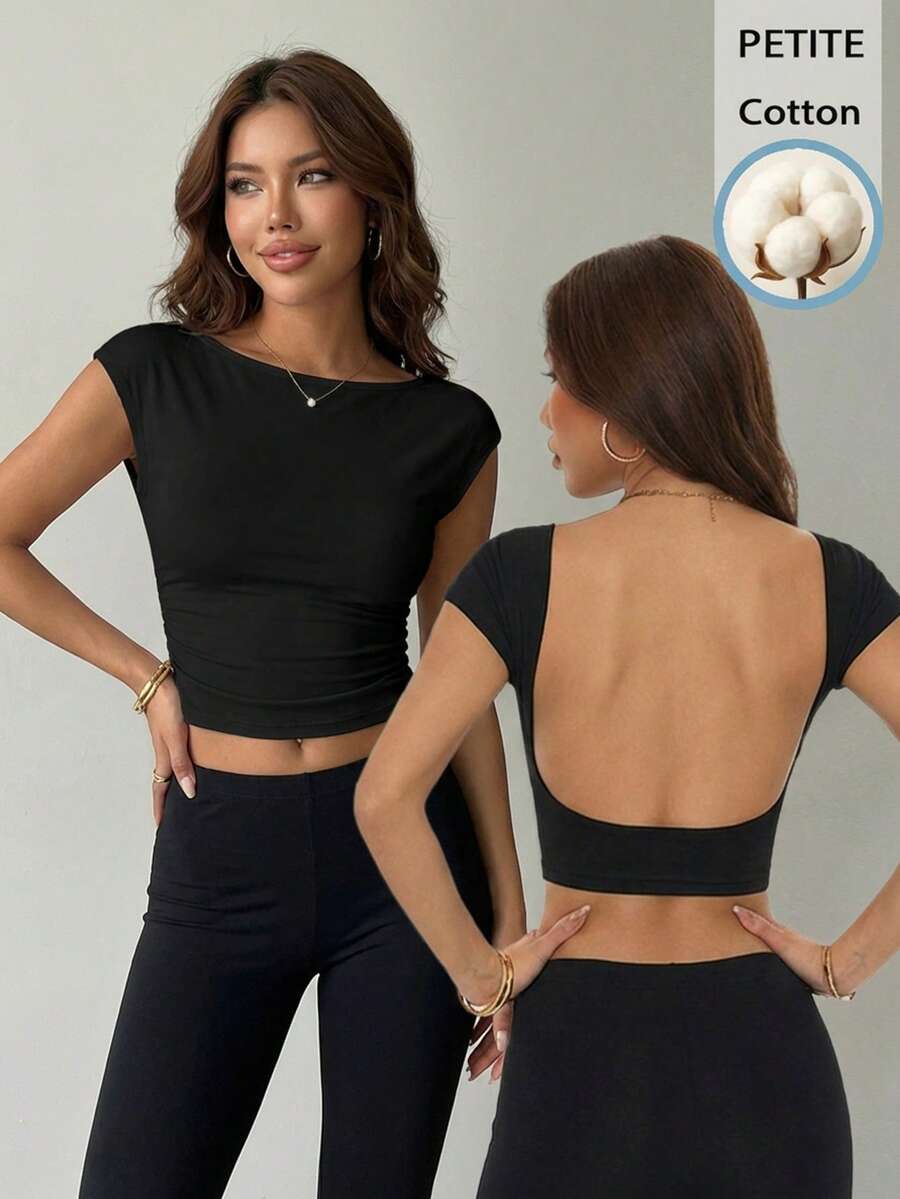 SHEIN EZwear 95% Cotton Casual Backless T-Shirt, Suitable For Petite In Summer - Black - View 1