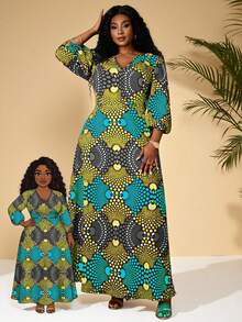 EMERY ROSE Plus Size Casual Allover Print Lantern Sleeve Dress Plus Size Dress African Plus Size Dresses African Print Dress - Yellow - View 7