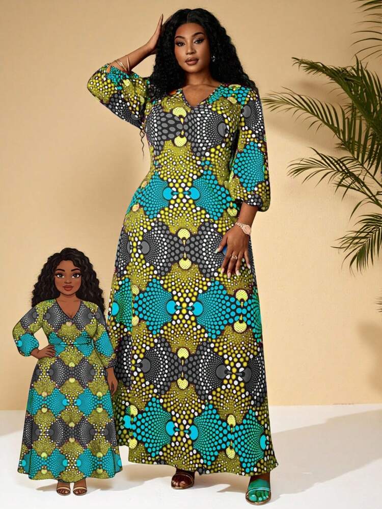 Plus Size Casual Allover Print Lantern Sleeve Dress Plus Size Dress African Plus Size Dresses African Print Dress