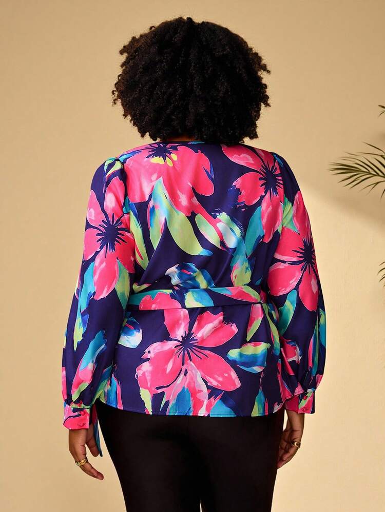 Plus Size Women's Floral Print Overlap V-Neck Ruched Fashion Blouse,Summer/Spring/Vacation Resort Wear Holiday Beach Vacation