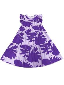 EMERY ROSE Women's Casual Plant Print Round Neck Ruffle Sleeve Dress, Suitable For Vacation - Mauve Purple - View 6