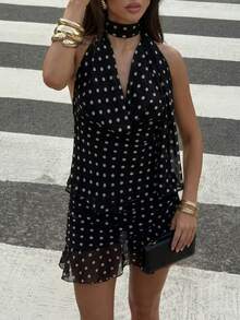 Firerie 复古波点荷叶边领无袖衬衫，黑色波点衬衫，荷叶边领女式衬衫，浪漫女式衬衫，露背衬衫，春夏秋季服装，优雅，通勤，约会，派对，婚礼季，毕业典礼，舞会，演出，音乐会，工作装，返校季，女士生日，节日装扮，舒适，正式场合 - 黑色 - 查看 2