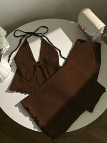 Elamini Textured Fabric Pleated Halter Top And Wide Leg Pants Set - Brown - View 5