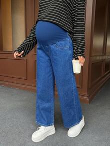 SHEIN 孕妇高腰休闲百搭阔腿牛仔裤，蓝色舒适孕妇深蓝色牛仔裤，弹力高腰宽松阔腿裤，适合孕妇冬季、春季、圣诞节、新年、感恩节、通勤、度假、毕业典礼、时尚Y2K可爱街头风派对、婚礼、优雅商务休闲女式高腰阔腿裤，通勤百搭，优雅简约 - 淺色水洗藍 - 查看 3