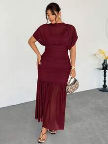 Firerie Elegantes, zierliches, romantisches, charmantes, modisches Maxikleid in Große Größen für Valentinstag, Abendessen, Hochzeitsgast, Feiertage, aus transparentem Mesh, 2-in-1, in Braun - Rot-violett - Übersicht 7