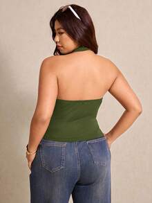 Elaquor Top Decotada Nas Costas de Cor Sólida para Mulheres Plus Size - Verde Militar - Visão 2