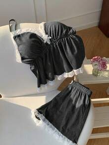 Comfortcana Plus Size Contrast Color Trim Bow Decor Camisole And Shorts 2 Pieces Set - Dark Grey - View 1