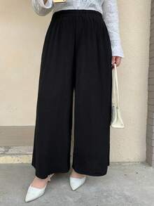 Dazy Plus Pantalones culotte sueltos y anchos de unicolor y simple, talla grande, para todas las estaciones, ropa de otoño, pantalones para maestros - Negro - Ver 7