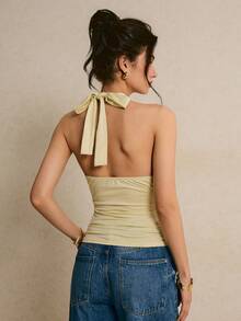 Poéselle 女士花卉刺绣前系带时尚露背吊带衫 - 杏色 - 查看 7