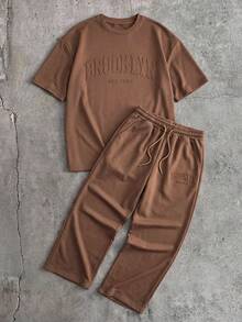 Manfinity Unisex 2 件套男士宽松落肩圆领短袖 T 恤和抽绳腰直筒裤套装夏季服装，舒适服装 - 咖啡棕 - 查看 5
