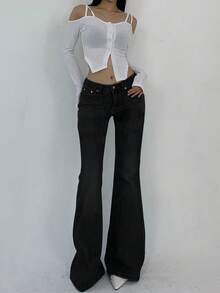 DAZY Quần jeans ống loe đơn giản, đơn giản, màu trơn, túi cài nút phía trước dành cho nữ, phong cách đường phố Y2k, cạp trễ - màu đen - Xem 5