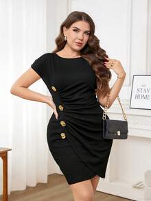 SHEIN Clasi 大码女式不对称下摆收腰连衣裙 - 黑色 - 查看 7