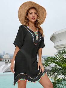 SHEIN LUNE Women's Short Sleeve Crochet Cover-Up Dress For Vacation - Black - View 5