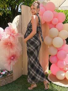 Loomaby 两件套孕妇休闲日常套装 - 褶皱格纹抹胸上衣和修身长裙套装 - 彩色 - 查看 2