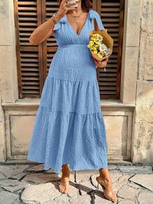 Lyckli Maternity Solid Color Deep V-Neck Ruffle Hem Casual Vacation Dress - Baby Blue - View 12
