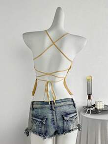 Zolique Vacation Sequin Embroidered Mesh Sexy Backless Halter Top Bustier Tops For Women Tops For Women Summer Cute Vintage Italian Camis - Pale Yellow - View 2