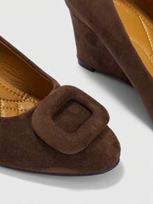 CUCCOO BIZCHIC Coffee Brown Wedge Heel Low Vamp Shoes With Square Buckle Decoration, Simple And Gentle Style, Commuting, Daily Fashion Style - Coffee Brown - View 5