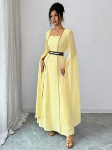 Rafferiza 女士优雅金色编织腰带奢华亮片串珠开衩长袖派对连衣裙，秋季时尚 - 淡黃色 - 查看 8