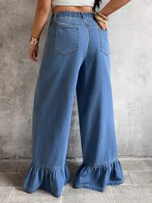 Sunnyshic Plus Size Solid Color New Ruffled Hem Loose Pocket Jeans - Blue - View 8