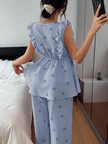 Napfluff Bộ đồ ngủ mùa hè 2 món gồm áo và quần, họa tiết sọc, nơ và viền bèo nhún. - Màu xanh lam - Xem 2