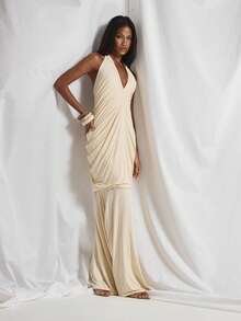 MUSERA Deep V Plunge Loose Sleeveless Ruched Draped Body Floor Length Maxi Dress Cute Holiday Sexy Night Out Vacation Spring Summer Elegant Soleil Drape - Light Yellow - View 5