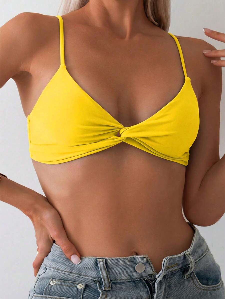 Swim Basics 女士纯色扭结前开襟比基尼上衣，适合海滩度假 - 黃色 - 查看 1