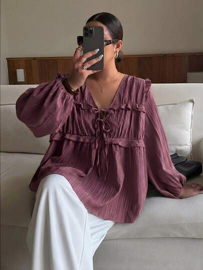 Dripcurv Áo nữ cỡ lớn màu đen cổ chữ V tay phồng, kiểu dáng rộng rãi thoải mái, thích hợp mặc hàng ngày hoặc đi nghỉ mát, phù hợp cho dịp năm mới và Lễ Tình nhân.