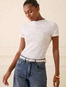 Lilora Women's Stand Collar White Short Sleeve T-Shirt,Summer Elegant Lace Mesh Top For Work,Casual Versatile Pointelle Eyelet Structured Top For Daily Wear - White - View 3
