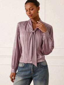 Lilora Women's Tie Collar Pleated Long Sleeve Lantern Blouse,Pink And White Striped,Autumn,Ellegant,Tea Party Casual Versatile Sophisticated Office Shirt - Dusty Pink - View 8