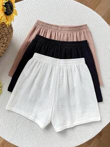 Sparklyn 3件套少女宽松休闲舒适多色纹理褶皱字母腰阔腿短裤，适合日常通勤、休闲、度假、旅行、海滩、家庭穿着 - 彩色 - 查看 2