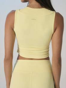 Aralina Áo croptop ôm sát không tay cổ vuông, nhún bèo, co giãn, dáng slim fit, thích hợp mặc mùa hè cho nữ, kiểu dáng thường ngày đi chơi. - Màu vàng ngỗng - Xem 2