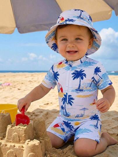 SHEIN Pelele de baño minimalista con estampado de árbol de coco para bebé niño, de cuello redondo y manga corta, adecuado para verano, primavera/verano, uso en casa, salidas y playa