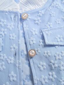 SHEIN 少女春秋优雅提花小花开襟褶皱蕾丝边长袖上衣和开衫，搭配简约吊带长裙，两件套适合日常外出、聚会和宴会。 - 淺藍色 - 查看 4