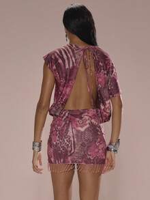 MUSERA Đầm mini dáng rộng trễ vai, viền ren, in họa tiết, thích hợp cho kỳ nghỉ hè, đi biển, Ibiza, lễ hội, thanh lịch, mùa trăng anh đào. - Nhiều màu - Xem 2