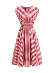 Ellevyn Vestido casual de media longitud con cintura fruncida y lazo a cuadros para mujer - Rojo y blanco - Ver 6