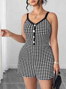 Elenzga Plus Size Fashionable Houndstooth Romper For Summer - Black and White - View 6