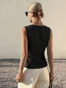 Women's Vintage Washed Black Tie-Up Sleeveless Casual Vacation Denim Cropped Cardigan Vest Top, Spring & Summer - Black - View 6