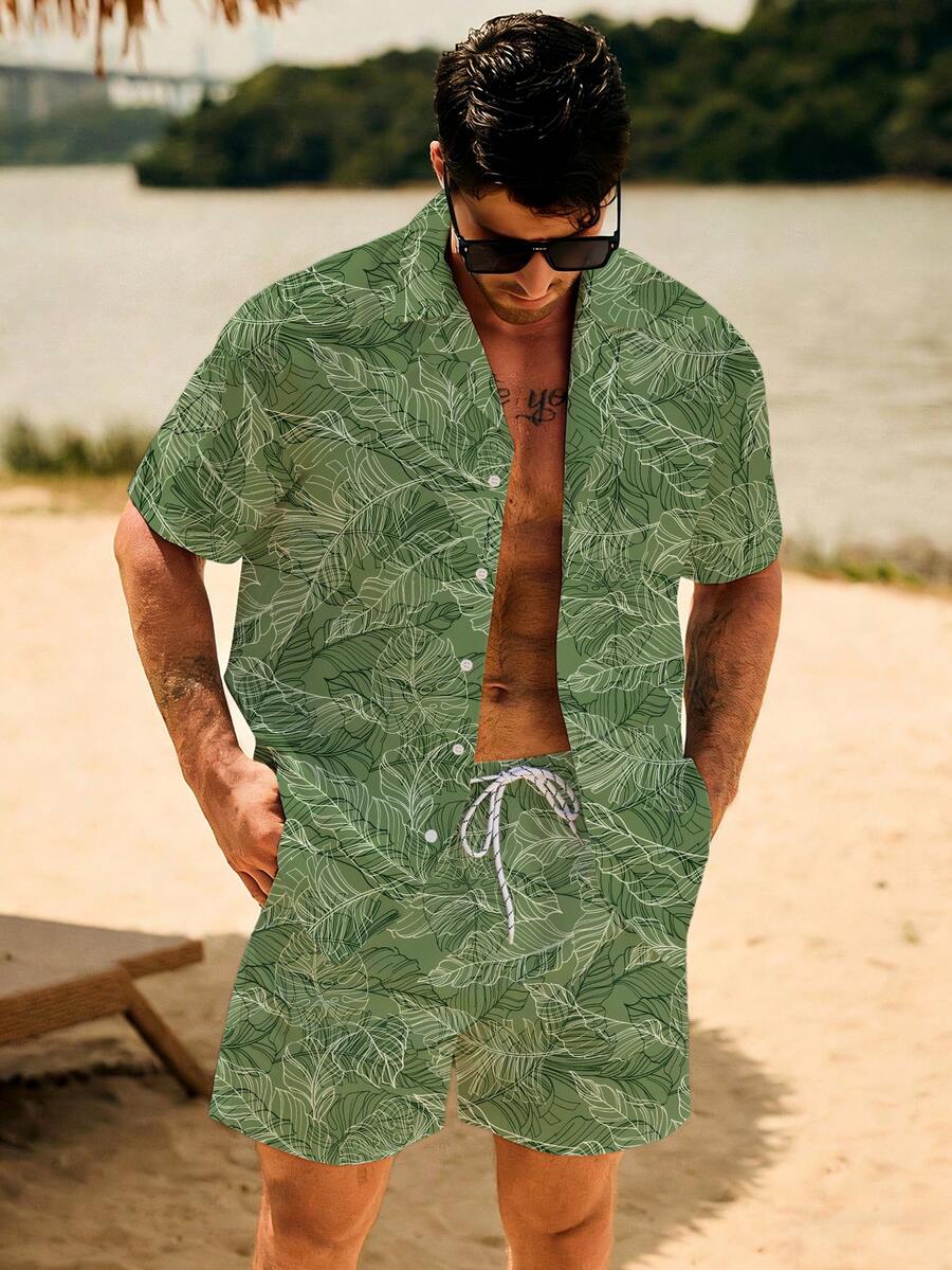 CoralVoy Bộ đồ đi biển dành cho nam: áo sơ mi và quần short in họa tiết thực vật. - Nhiều màu - Xem 1