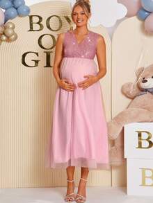 Loomaby 孕妇V领无袖优雅休闲夏季连衣裙 - 粉色 - 查看 10