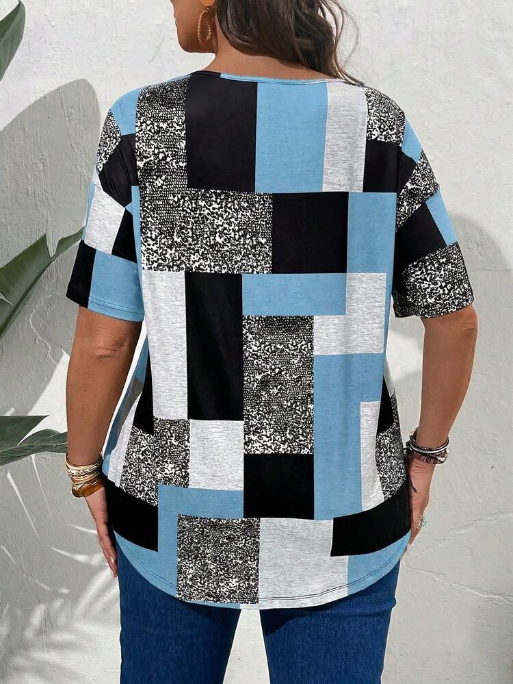 Plus Size Casual Colorblock Print T-Shirt, Summer
