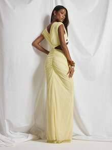 MUSERA Asymmetric Off The Shoulder Ruched Draped Cut Out Waist Floor Length Maxi Dress Cute Holiday Sexy Night Out Vacation Spring Summer Elegant Soleil Drape - Yellow - View 2