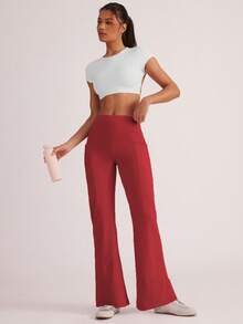 SHEIN Sports Celana Panjang Wanita Polos Kasual untuk Olahraga dengan Model Kaki Mengembang - Merah - View 7