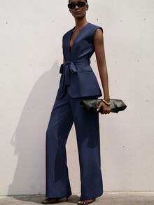 Aveloria Modichic 女士商务正式简约纯色深V领系带无袖背心和西装裤套装 - 藏蓝色 - 查看 6