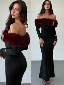 Aloruh 女士时尚优雅毛茸茸饰边抹胸连衣裙 - 黑色 - 查看 2