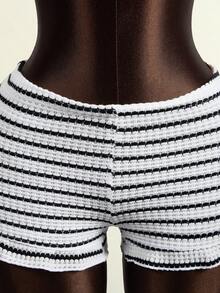 Zestiva High-Selling Spring/Summer Special Jacquard Textured Striped Fabric Elastic Waist Pants With Floral Trim - Multicolor - View 6