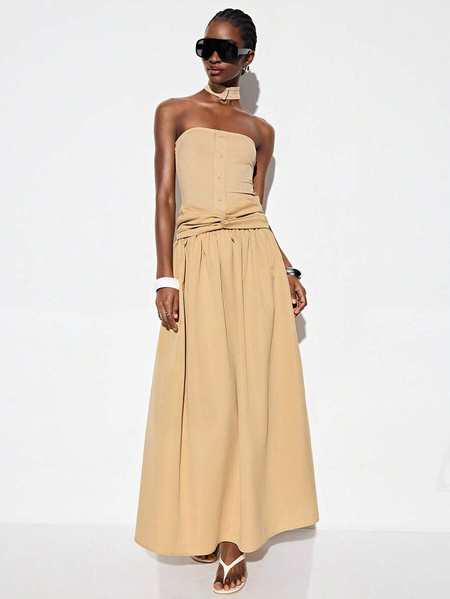 GENKIRA 拿铁米色，3D拼接剪裁，收腰连衣裙，仿束身胸衣设计，前襟纽扣装饰，修身针织拼接喇叭连衣裙，扭褶设计，优雅法式休闲度假简约百搭 - 卡其色 - 查看 1