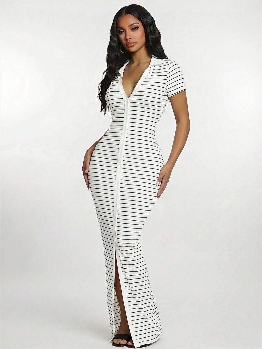 SHEIN SXY Đầm polo tay ngắn kẻ sọc tối giản phong cách thường ngày dành cho nữ, đầm dệt kim co giãn ôm sát xẻ tà, đầm thanh lịch kiểu Pháp. - Đen và trắng - Xem 1